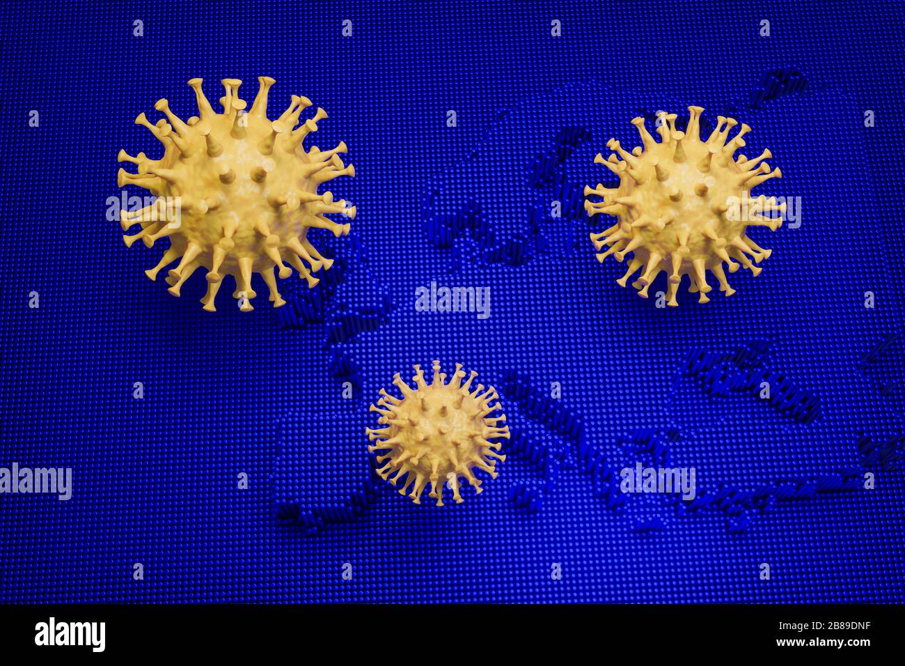 3D render: Esplosione di nuovi Coronavirus SARS-cov-2 in Europa - immagine schematica di virus della famiglia Corona su un'immagine blu di una mappa europea Foto Stock
