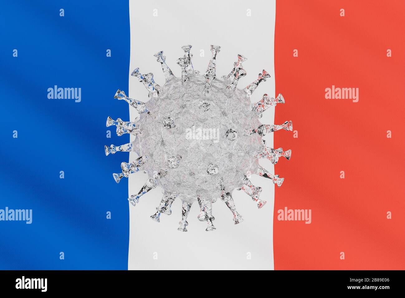 3D render: Scoppio del nuovo Coronavirus 2019-nCoV COVID-19 in Francia - Schema di un virus della famiglia Corona sulla bandiera francese Foto Stock