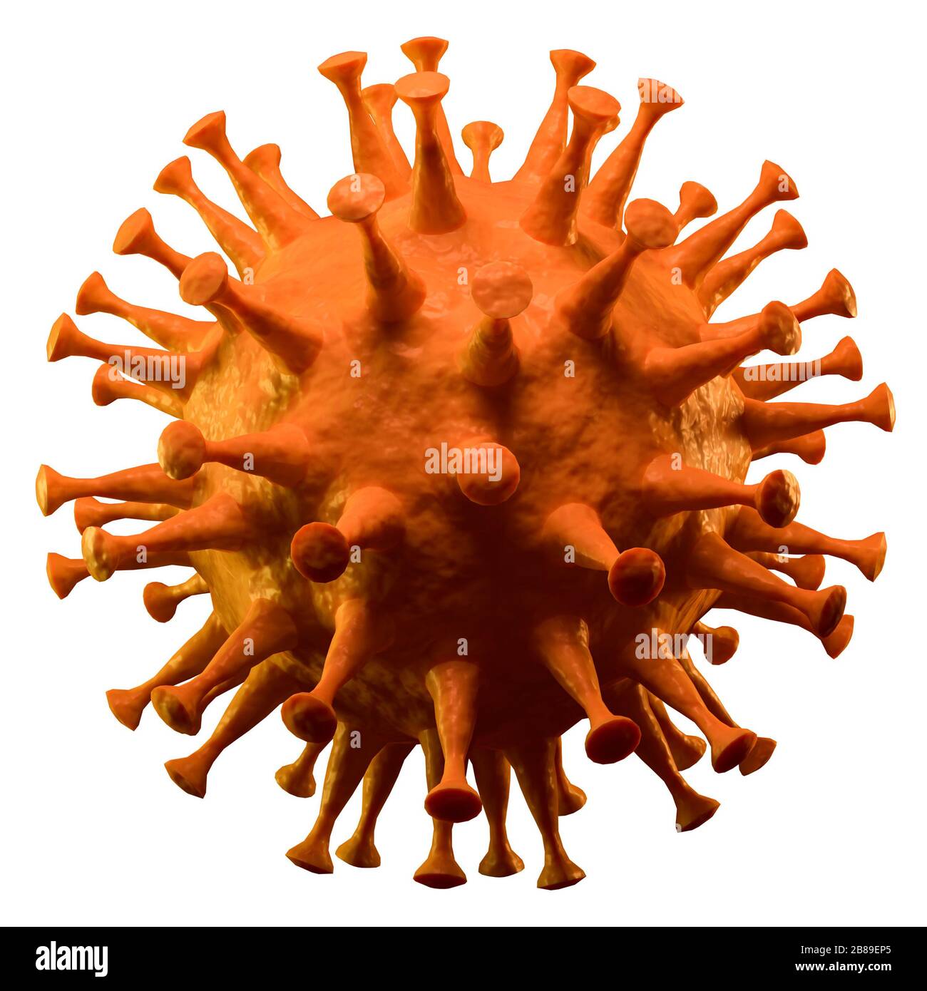 Rendering 3D: Nuovo virus Corona isolato su bianco. Virus SARS-cov-2 che causa la malattia di Covid-19. Foto Stock