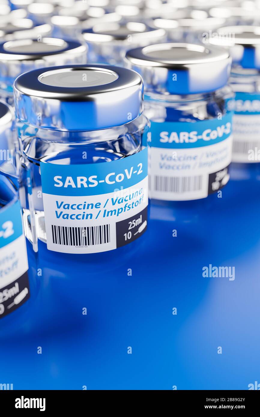 Concetto per la disponibilità di un vaccino sufficiente contro il nuovo virus corona SARS-cov-2: File di contenitore di vetro di vaccinazione. La parola vaccinazione i Foto Stock