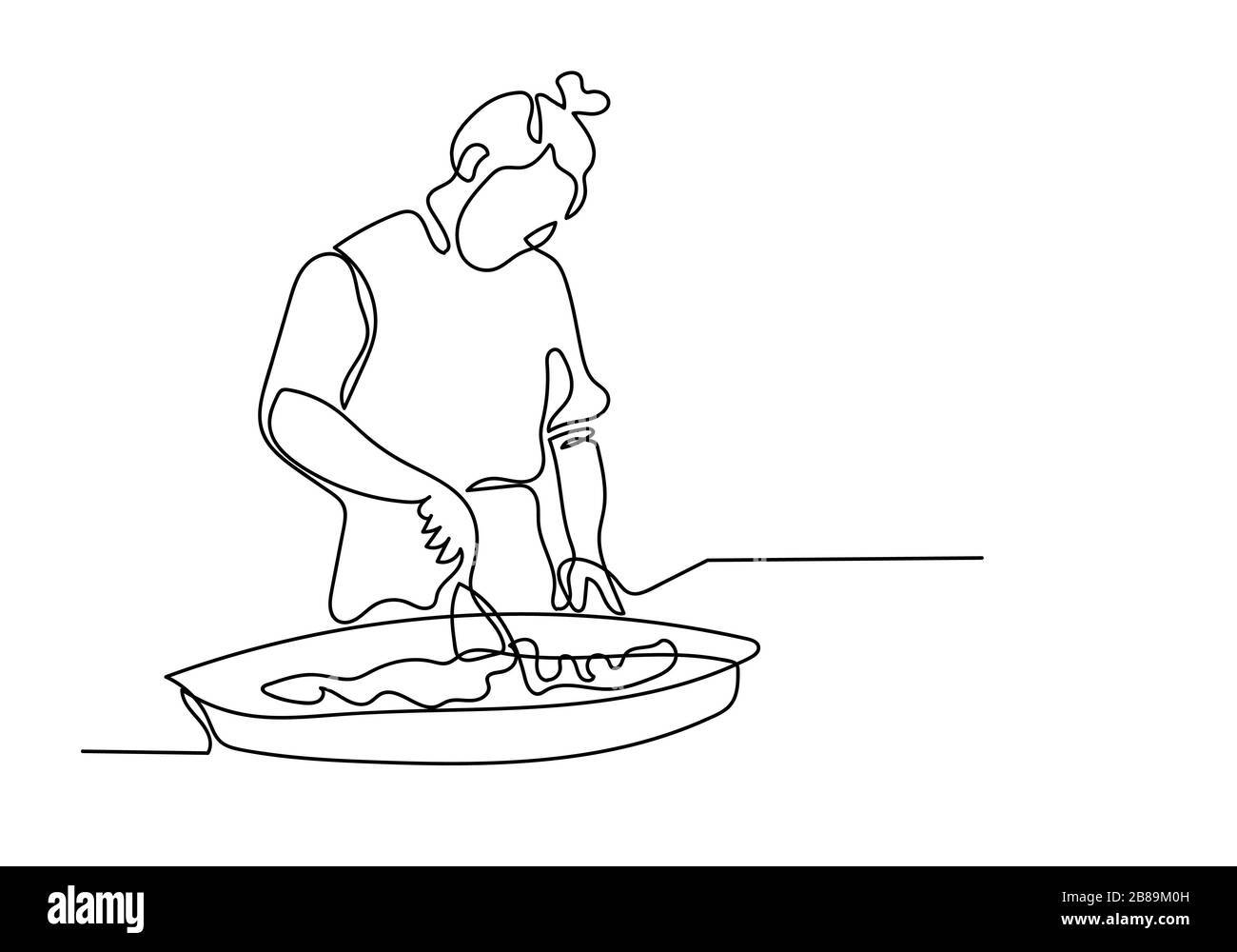 Un disegno continuo della linea dello chef prepara il cibo in cucina. Foto Stock