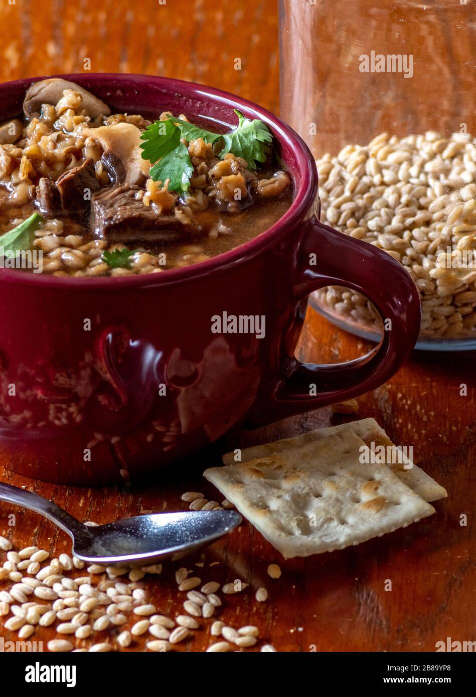 Una zuppa di manzo e orzo ancora in vita con funghi, coriandolo e cracker di soda in una zuppa di ceramica Foto Stock