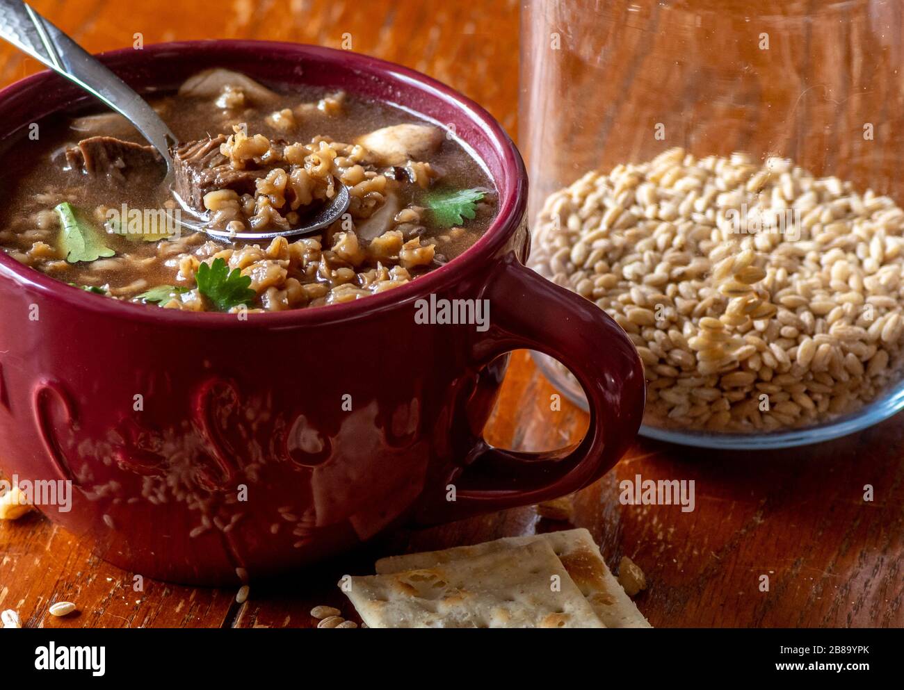 Il cucchiaio di carne di manzo e di orzo salati mette in risalto questo meraviglioso cibo di comfort in una tazza Foto Stock