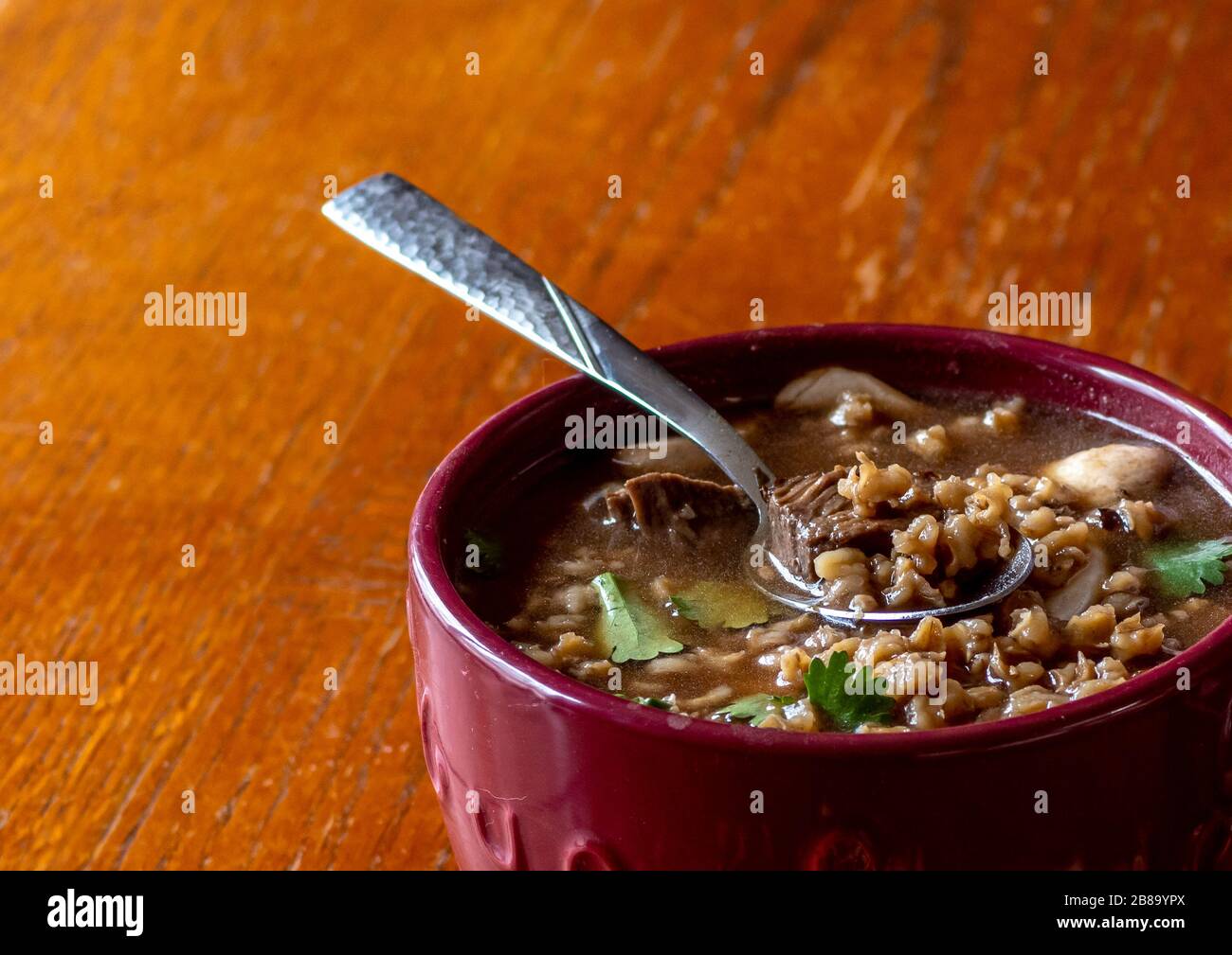 zuppa di manzo e orzo con funghi e coriandolo, è pronta per una prova di gusto Foto Stock