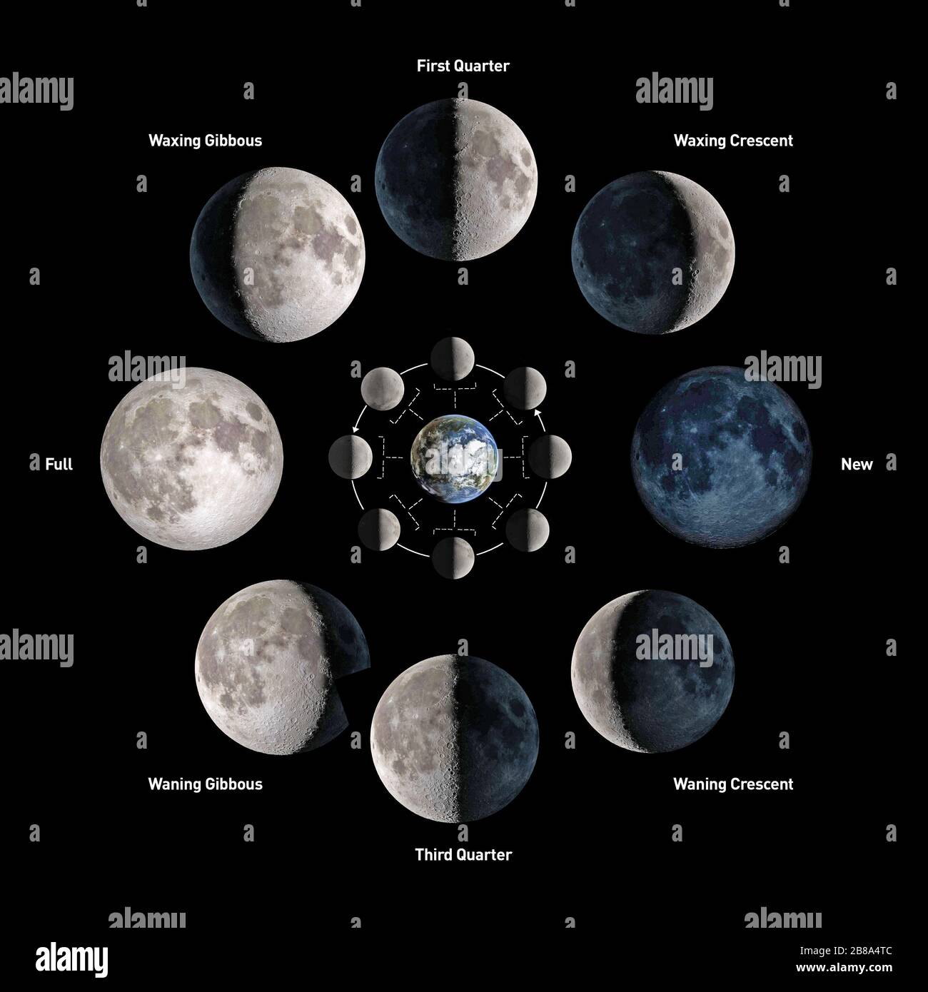 Fasi lunari. Elementi di questa immagine forniti dalla NASA. Foto Stock