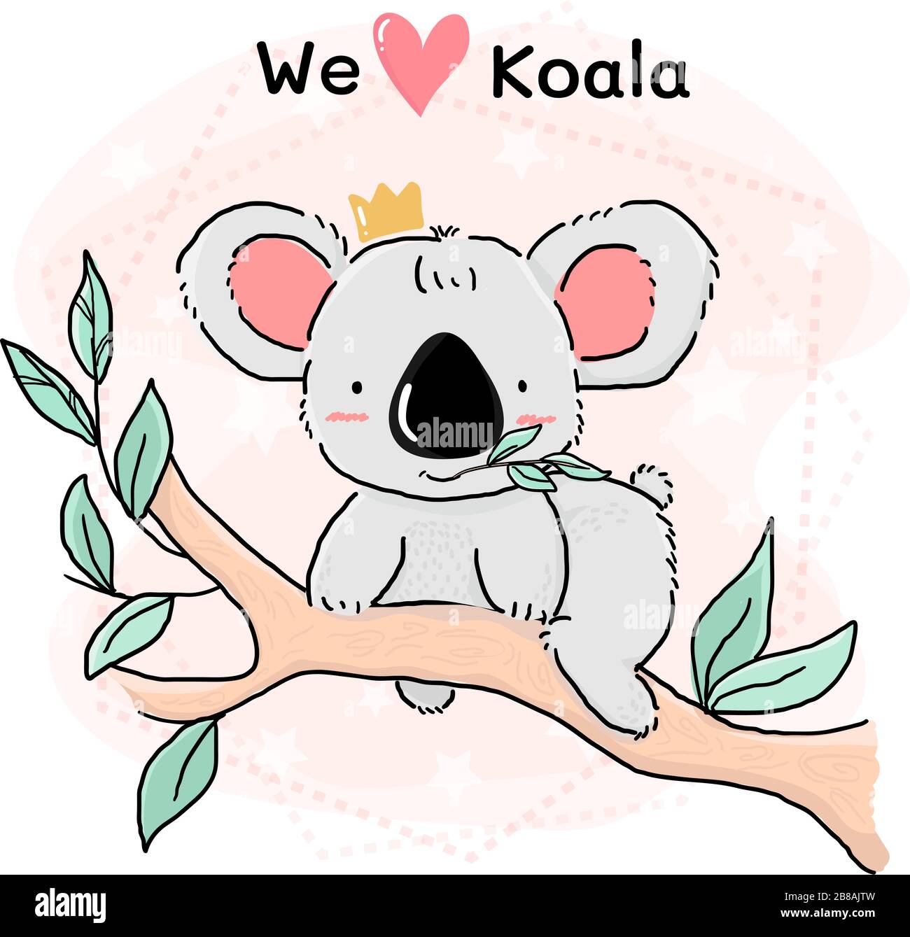 carino koala grigio mangiare lasciare sulla ramificazione albero, animale carattere disegno profilo idea per il biglietto di auguri, bambino, bambino e la stampa della scuola materna Illustrazione Vettoriale