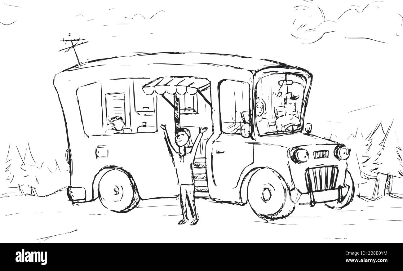 viaggio in famiglia in giro per il paese in uno schizzo di autobus Illustrazione Vettoriale