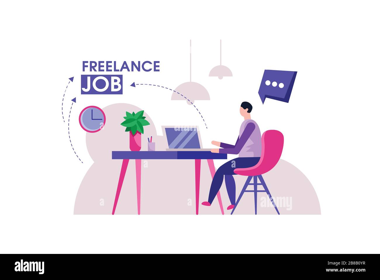 Designer freelancer. Uomo design moderno per l'ufficio domestico. Freelancer maschile sicuro e impegnato in stile trendy che fa lavoro a distanza in un ambiente di lavoro accogliente. Illustrazione Vettoriale