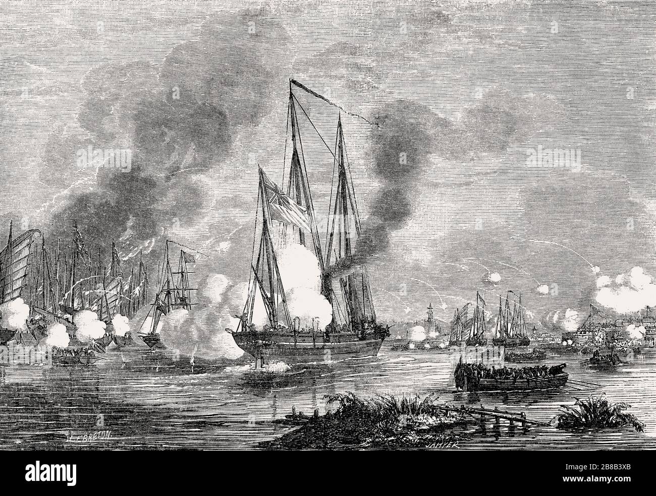 Battaglia navale tra la marina inglese e le navi spazzatura cinesi, seconda guerra dell'Opium, 1857 Foto Stock