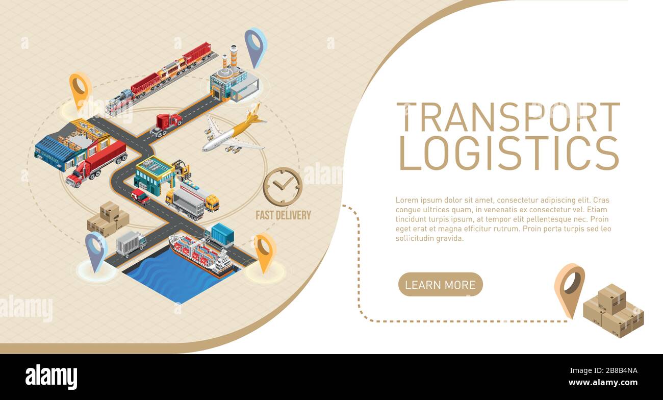 Spiegazione del termine logistico di trasporto vicino schema grafico del servizio di consegna per il Web site Illustrazione Vettoriale