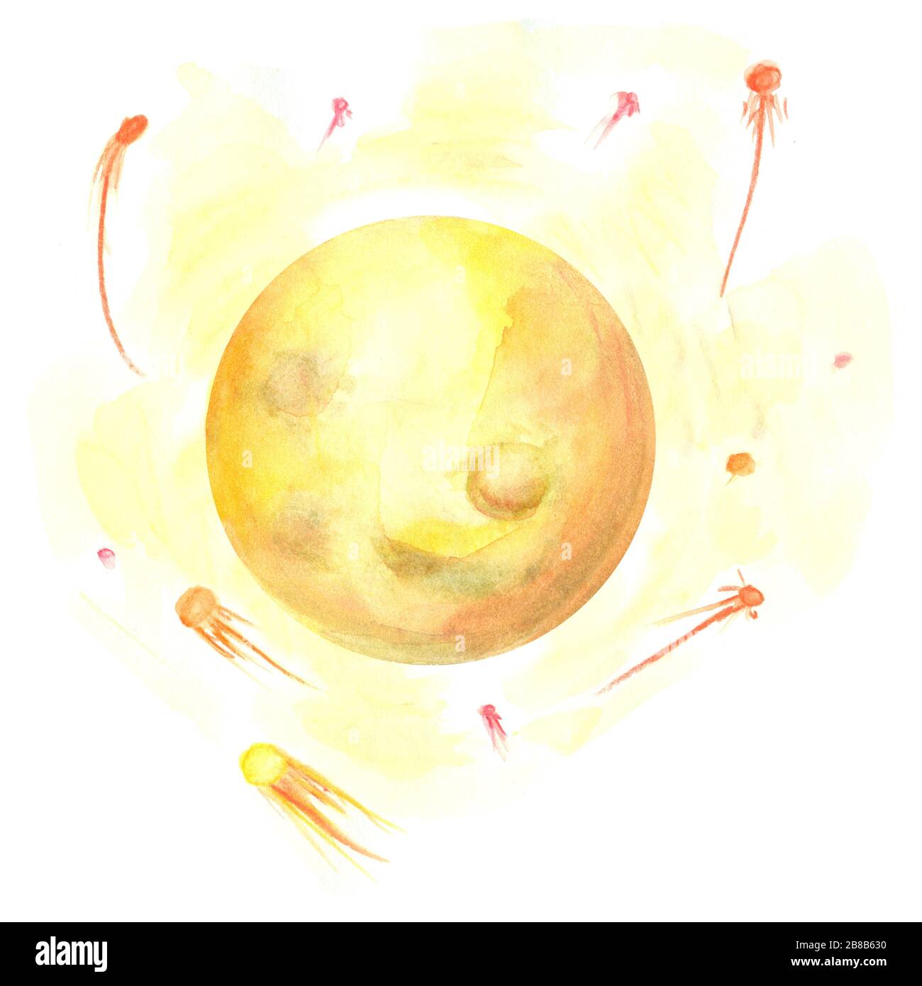 illustrazione acquerello di un pianeta giallo brillante e stelle di tiro isolate su sfondo bianco Foto Stock