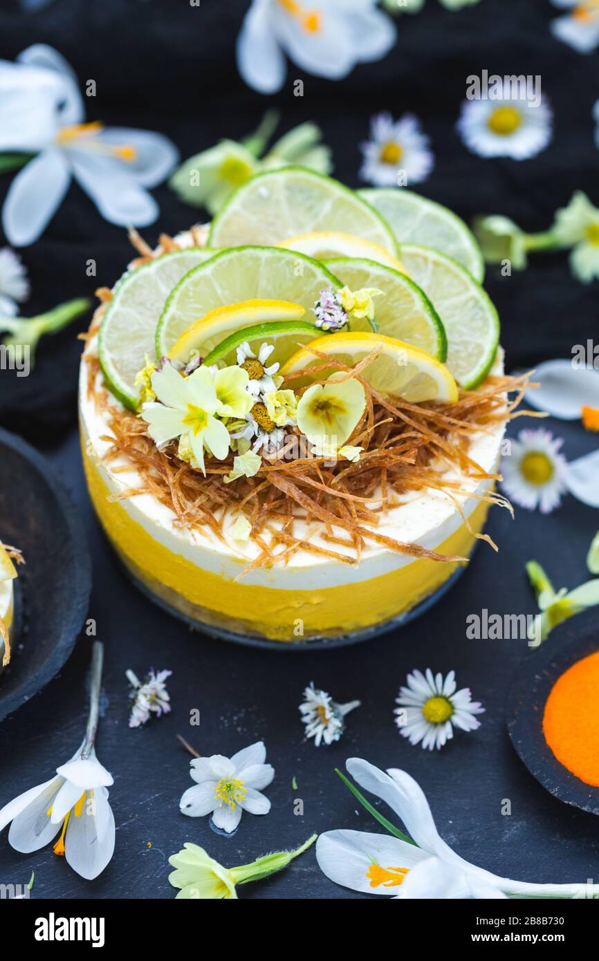 Torta vegana cruda con limone e lime su un nero superficie ricoperta da minuscoli fiori a margherita Foto Stock