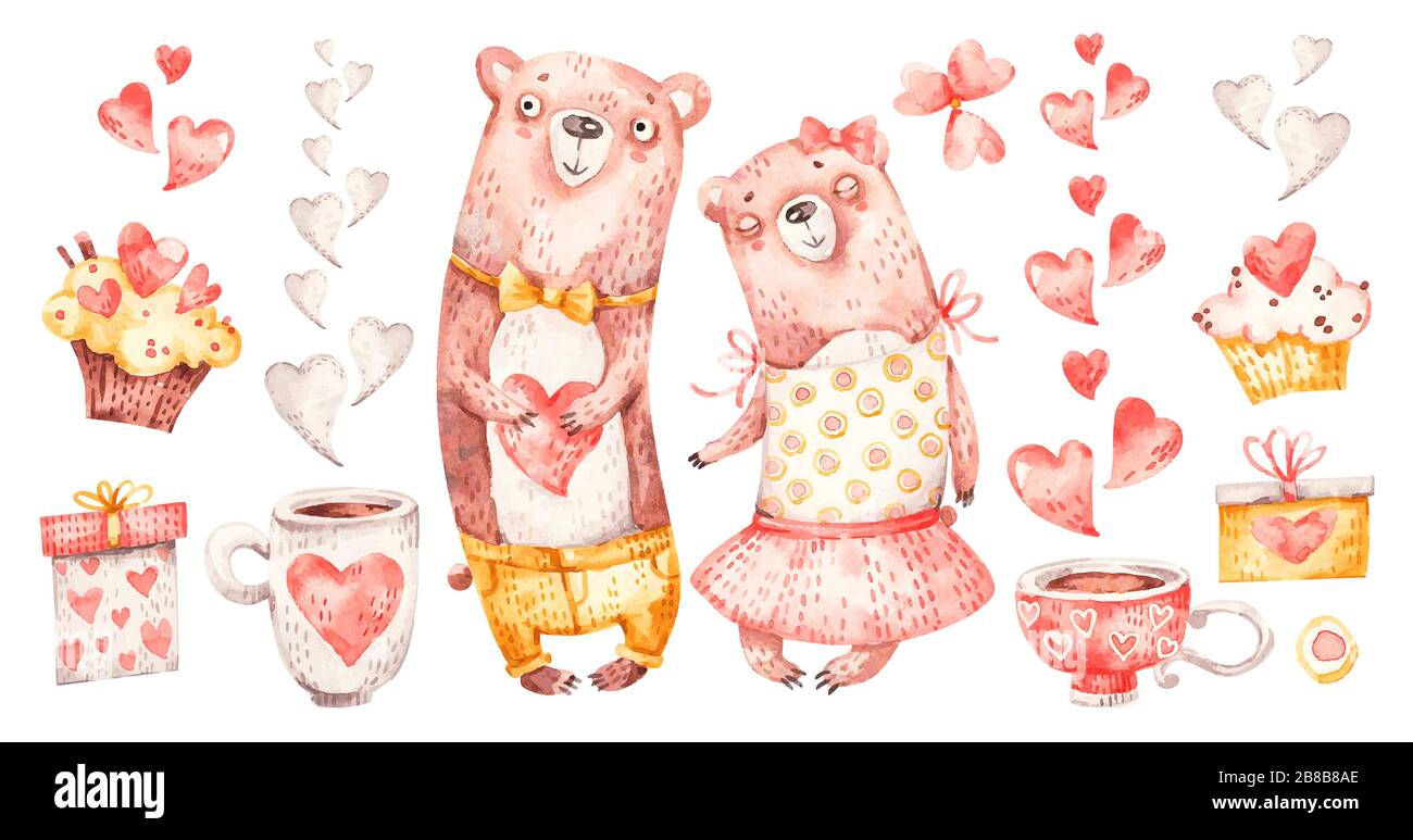Carino famiglia coppia abbracci orsi. Acquerello vivaio cartone animato amore romantici animali orso, cuore, doni. Adorabile set di famiglia amore Illustrazione Vettoriale