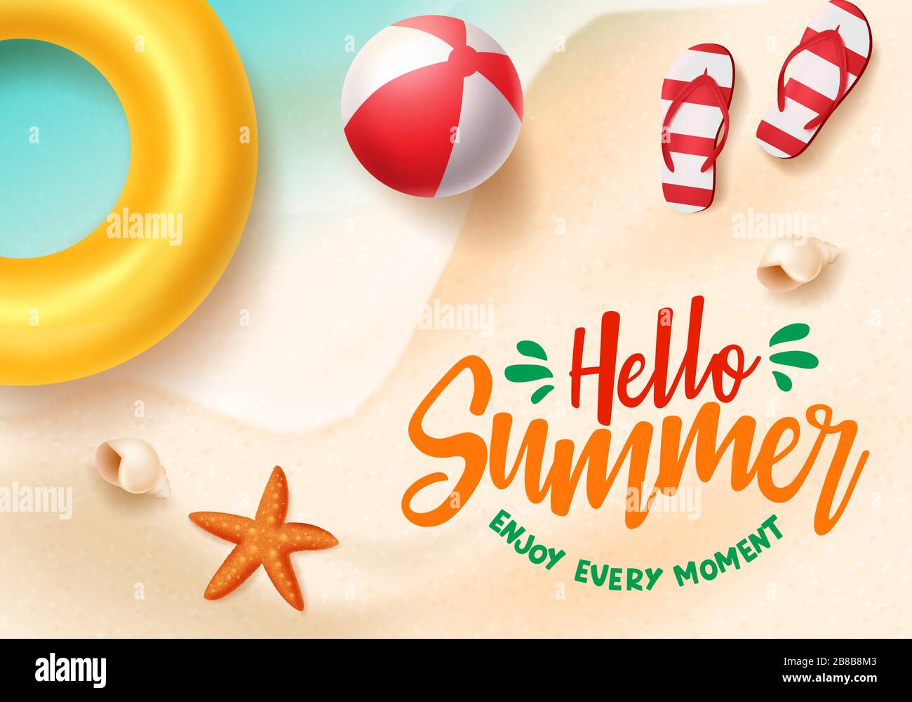 Ciao banner vettoriale estate. Ciao estate testo in spiaggia mare sfondo design con elementi spiaggia come palla da spiaggia, galleggiante, flipflop e stelle marine. Illustrazione Vettoriale