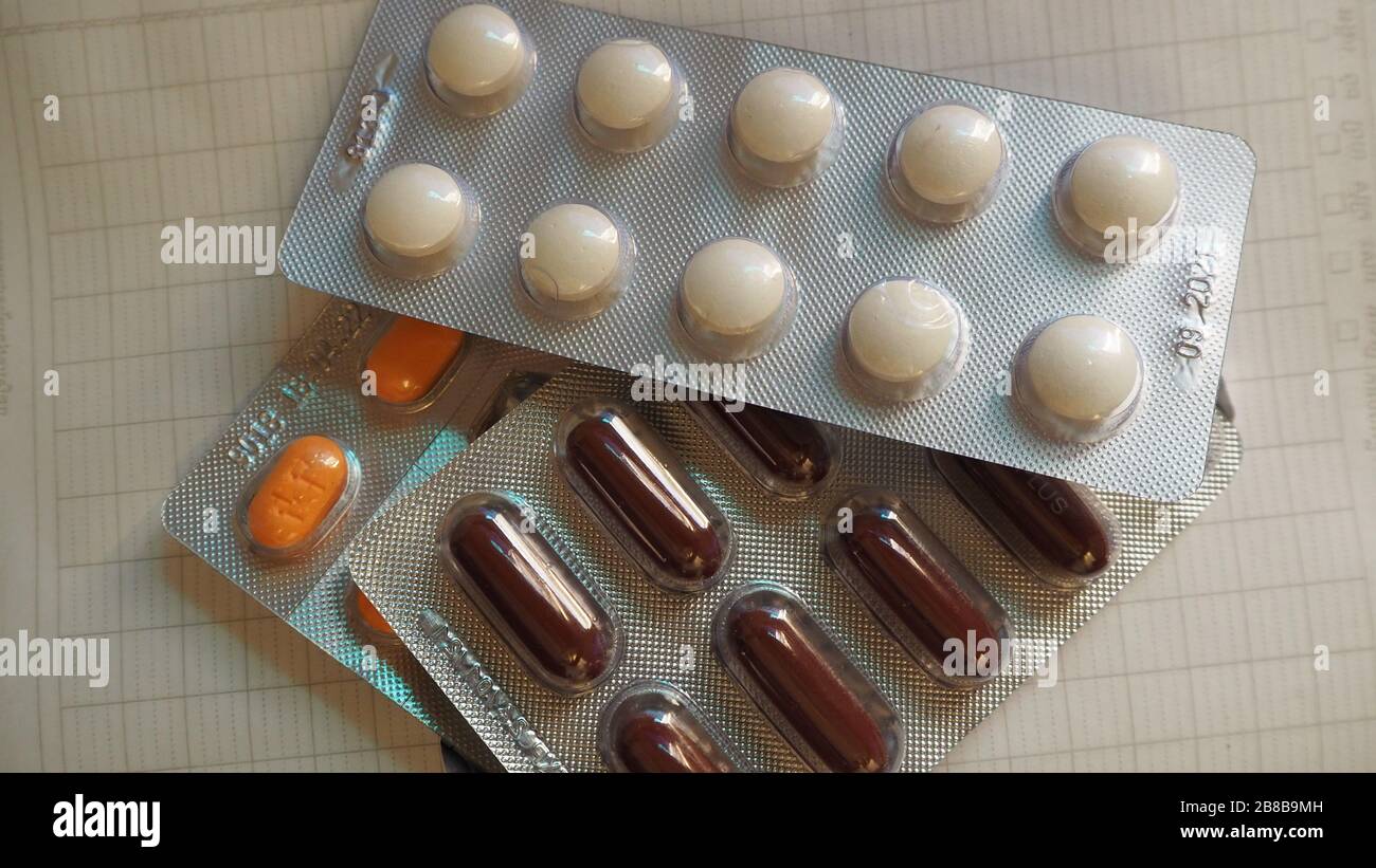 Medicina e pillole come ibuprofen non per corona Foto Stock