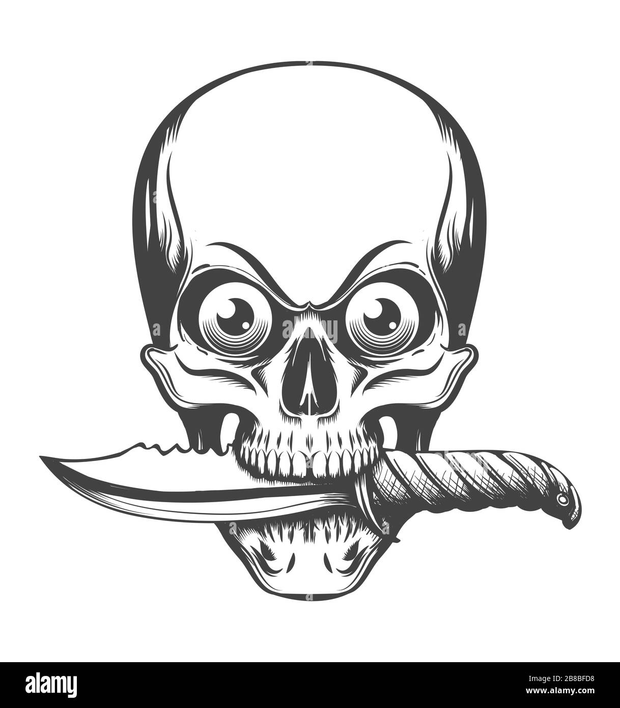 Il cranio umano con gli occhi tiene il coltello in denti disegnati in stile tatuaggio. Illustrazione vettoriale. Illustrazione Vettoriale