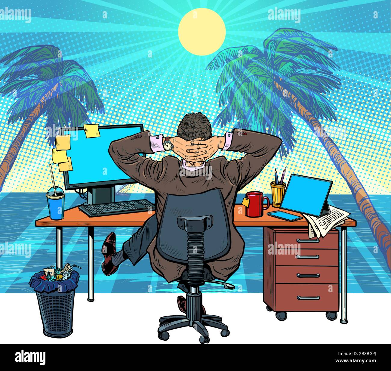 mettere in quarantena il lavoro remoto a casa. sogno di vacanza e di viaggio Illustrazione Vettoriale