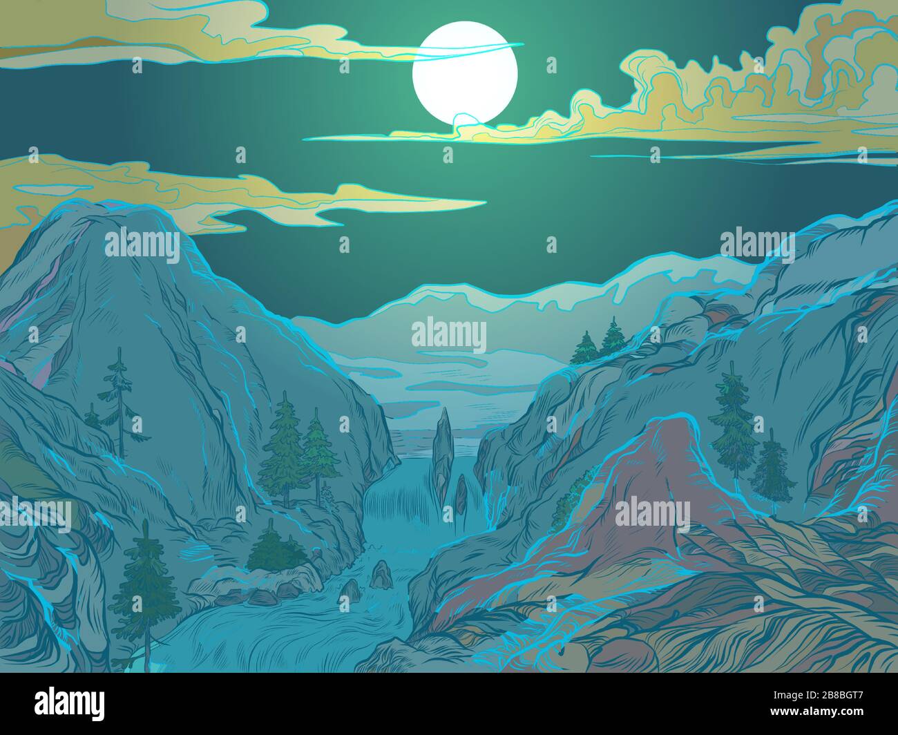 Inverno notte di montagna. Stazione sciistica o parco naturale Illustrazione Vettoriale