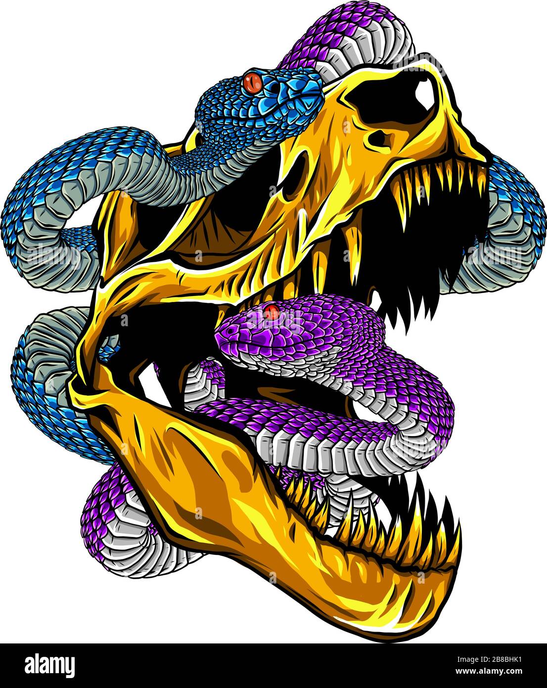 Scheletro vettoriale di Tyrannosaurus rex T-rex con serpenti su sfondo isolato . Illustrazione Vettoriale