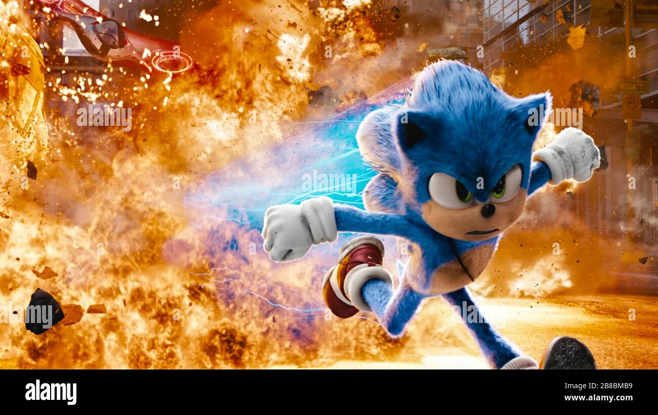 Sonic the Hedgehog (2019) diretto da Jeff Fowler e con Jim Carrey, James Marsden e Neal McDonough. Grande schermo per i personaggi del gioco di sega; Sonic può sfuggire alle grinfie del Dr. Robotnik? Foto Stock