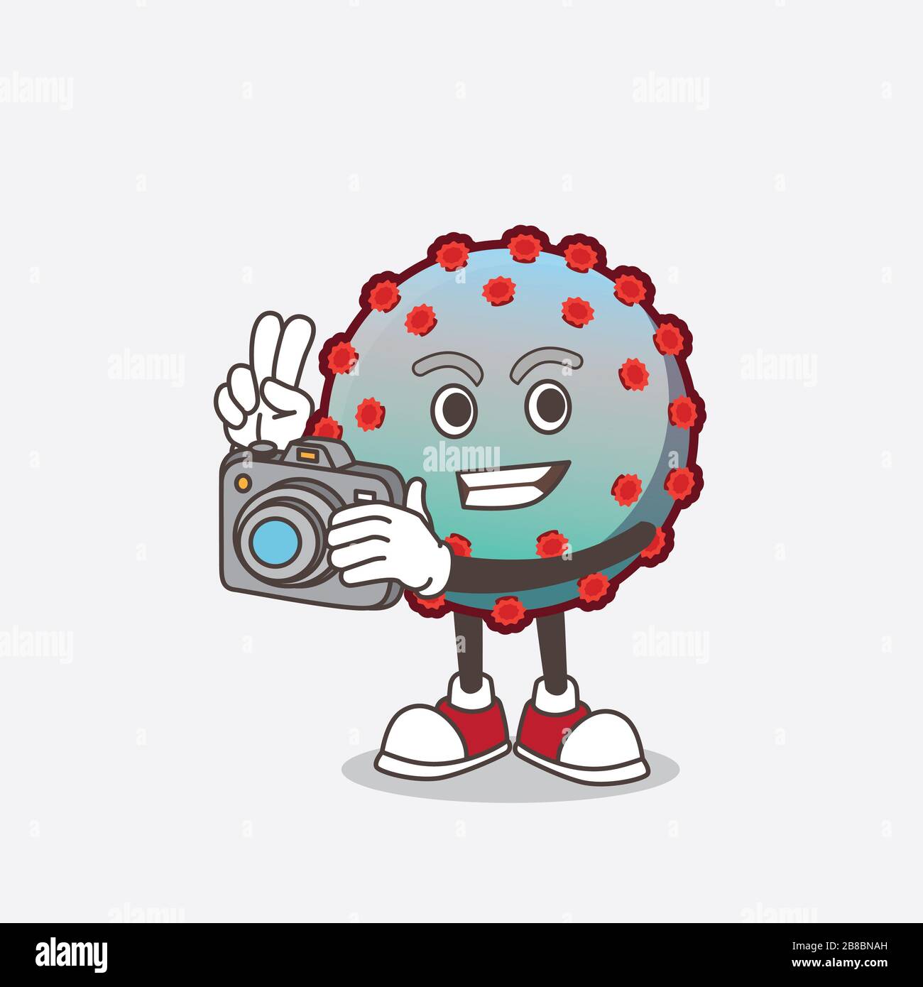 Un'immagine del personaggio della mascotte dei cartoni animati Virus come fotografo in azione con una macchina fotografica Foto Stock