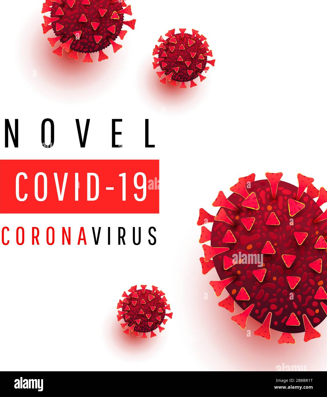 Novel covid 19 coronavirus testo. Sfondo medico con cellule di coronavirus su sfondo bianco. Illustrazione Vettoriale