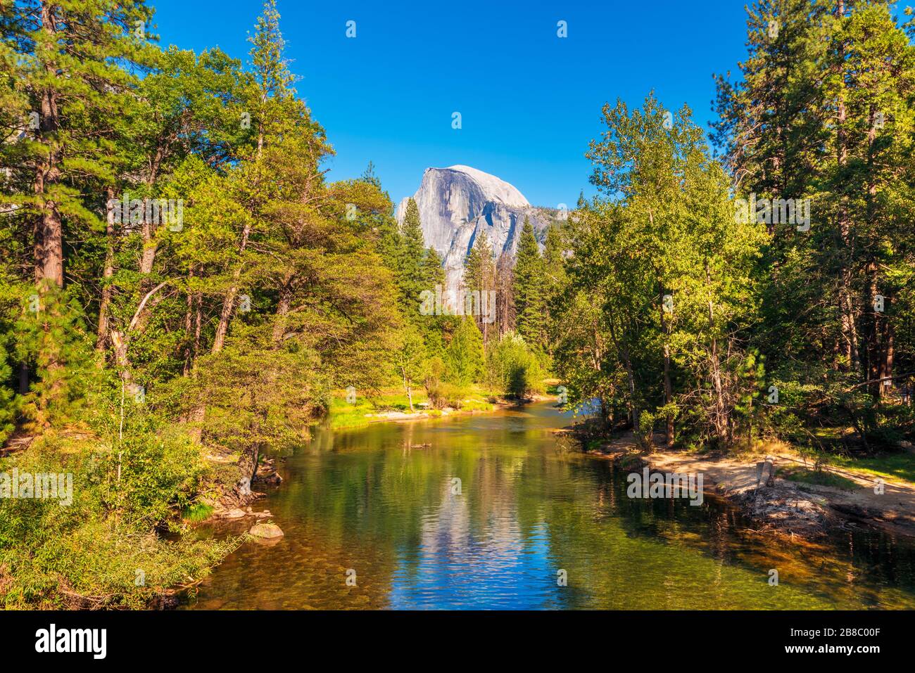 Half Dome e Merced River nel Parco Nazionale di Yosemite USA Foto Stock