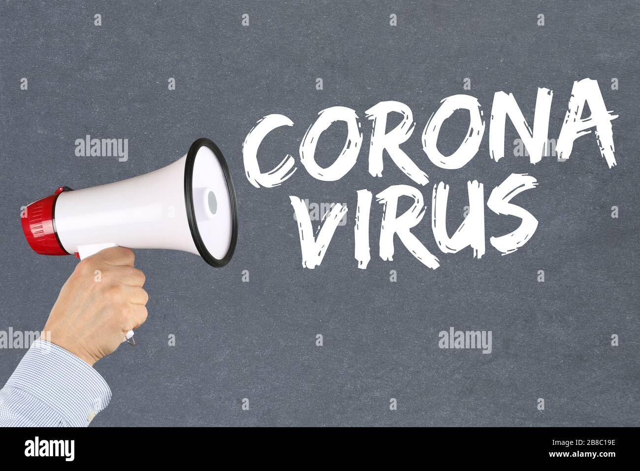 Coronavirus epidemia di virus corona malattia malattia malata mano con megafone Foto Stock