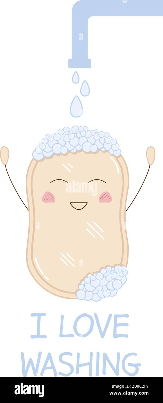 Carino divertente bar di sapone lavaggio. Illustrazione vettoriale del prodotto igienico con sorriso grazioso e guance rosa. Disegno infantile per bambini. Lavaggio delle mani contro virus e batteri Illustrazione Vettoriale