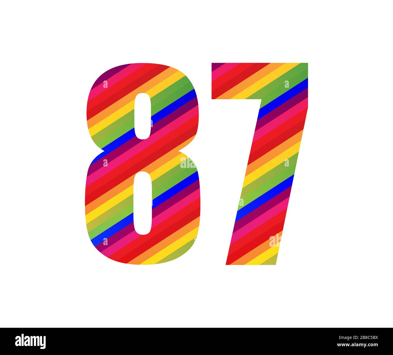 87 numero carattere numerico stile arcobaleno. Illustrazione vettoriale colorata di ottantasette numeri Design isolato su sfondo bianco. Foto Stock