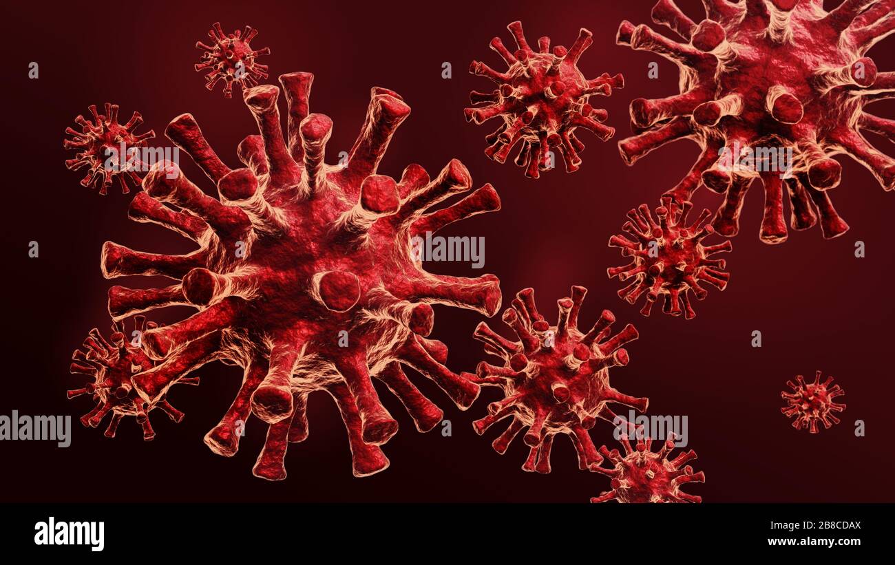 Gruppo di cellule virali Covid - 19. Illustrazione 3D delle cellule di Coronavirus Foto Stock