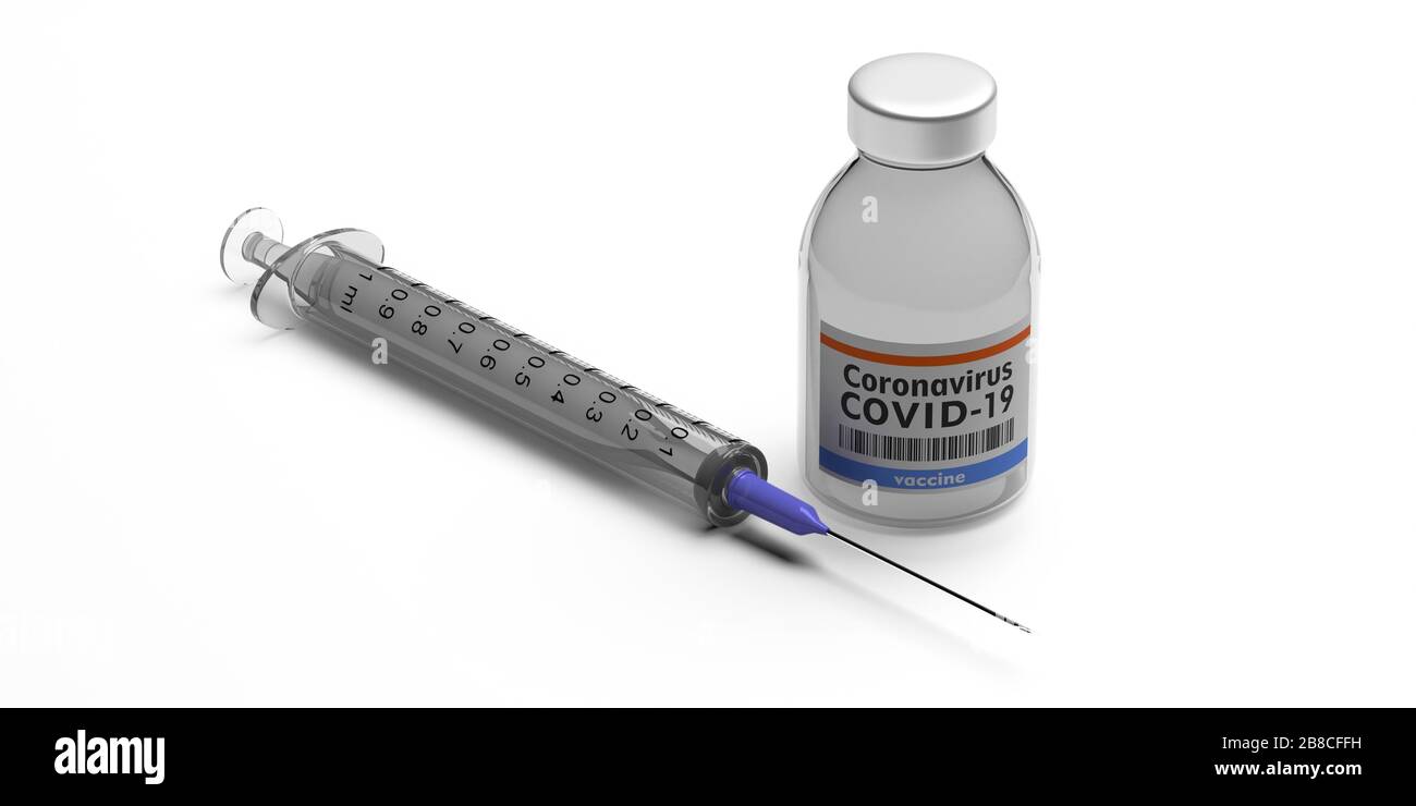 Vaccino contro il coronavirus Covid 19. Siringa per iniezione medica e flaconcino isolati su sfondo bianco. Concetto di ricerca sulla vaccinazione sanitaria. illustrazioni 3d Foto Stock
