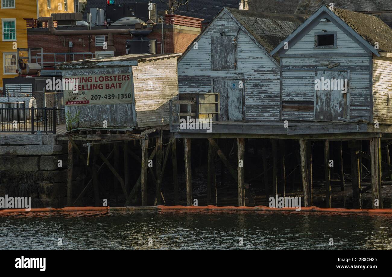 Vecchi edifici di pesce (sul retro) vicino al molo commerciale di Portsmouth. Old South Mill Pond è qui con molte barche da pesca sia commerciali e di piacere. Foto Stock