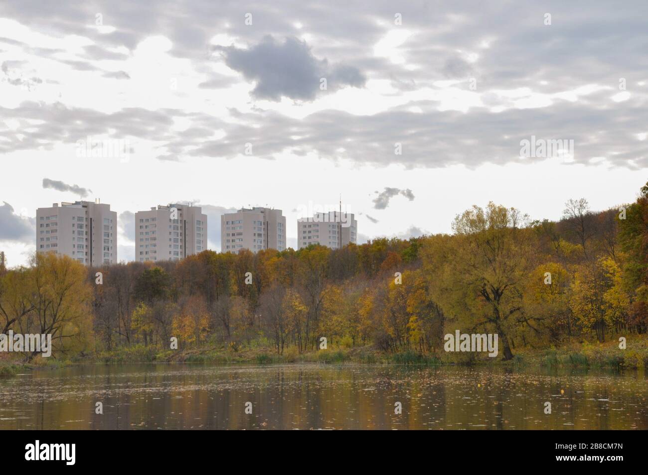 Paesaggio in nuvoloso giorno di ottobre con laghetto e alberi in primo piano e diversi edifici a più piani sullo sfondo. Foto Stock