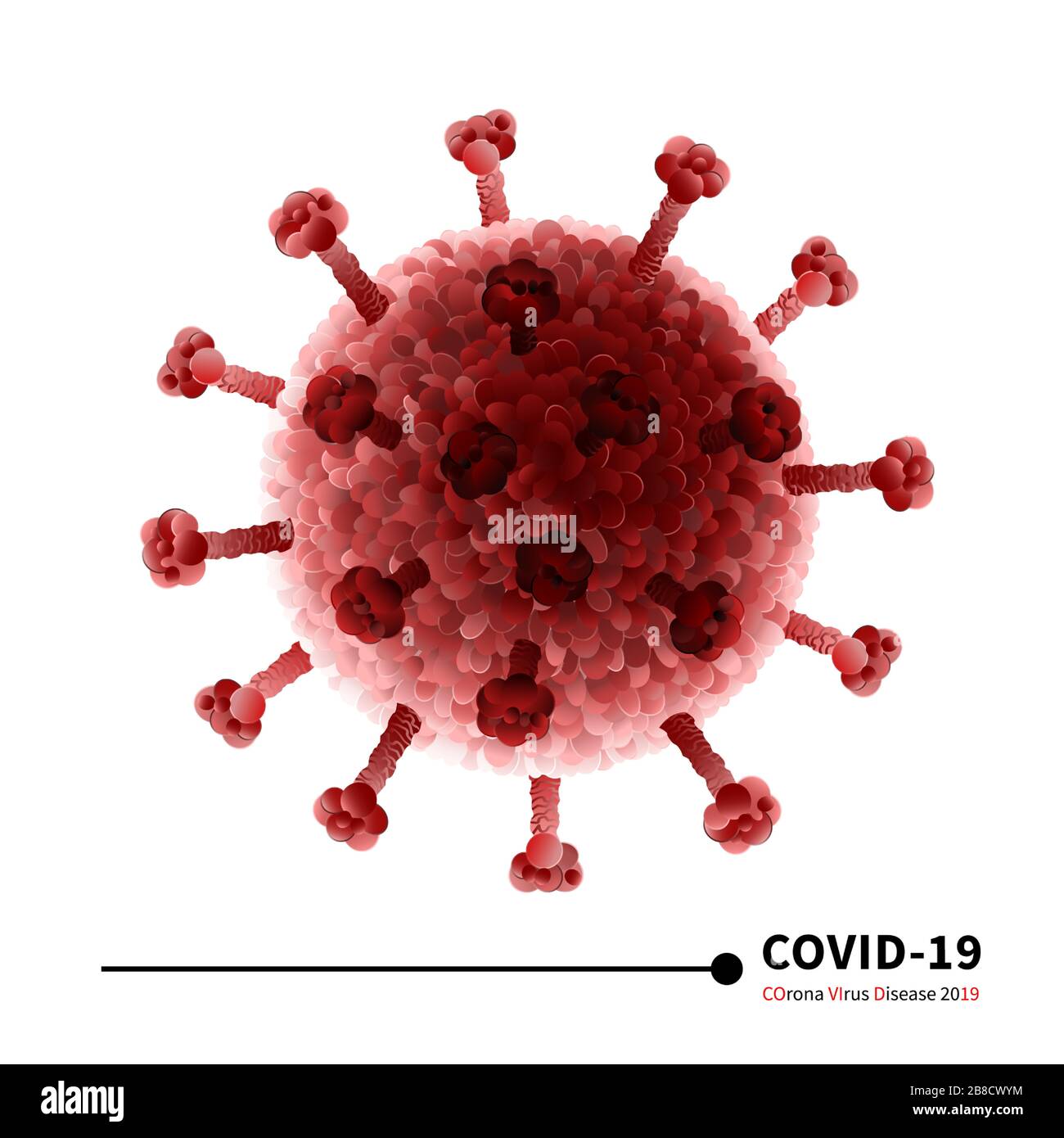 Coronavirus COVID-19, infezione pericolosa isolata su sfondo bianco. Epidemia di influenza respiratoria cineese. Virus dell'influenza patogeno, globuli rossi Illustrazione Vettoriale