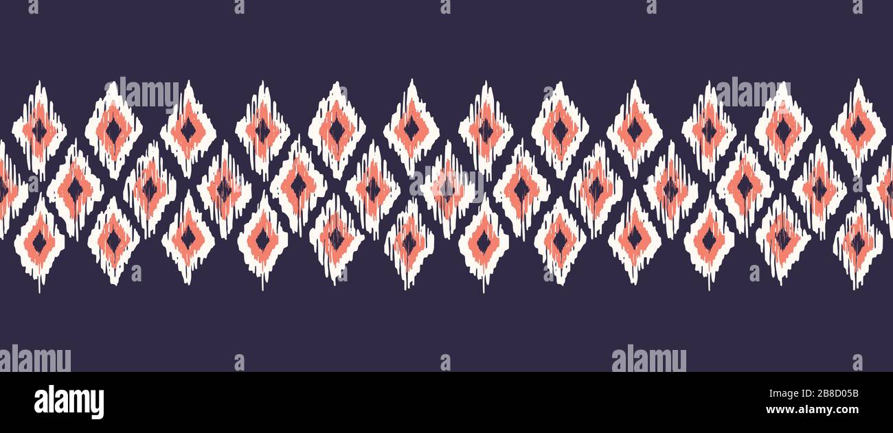 Disegno a mano Rosso, Indigo e Bianco tradizionale Ikat Diamanti vettoriali modello senza giunture bordo orizzontale Illustrazione Vettoriale