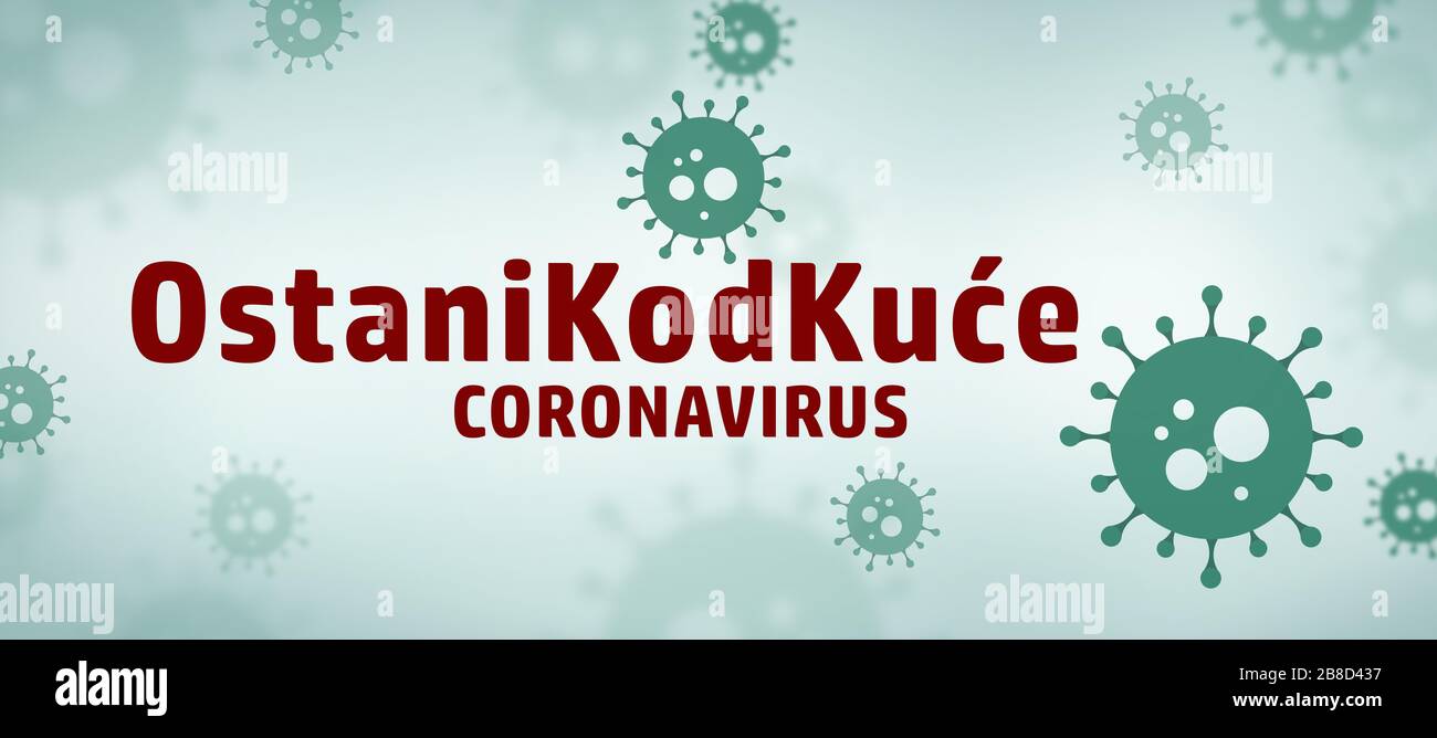 Sfondo verde di Coronavirus con illustrazione del virus della malattia globale. Covid-19 concetto e soggiorno a casa segno Foto Stock