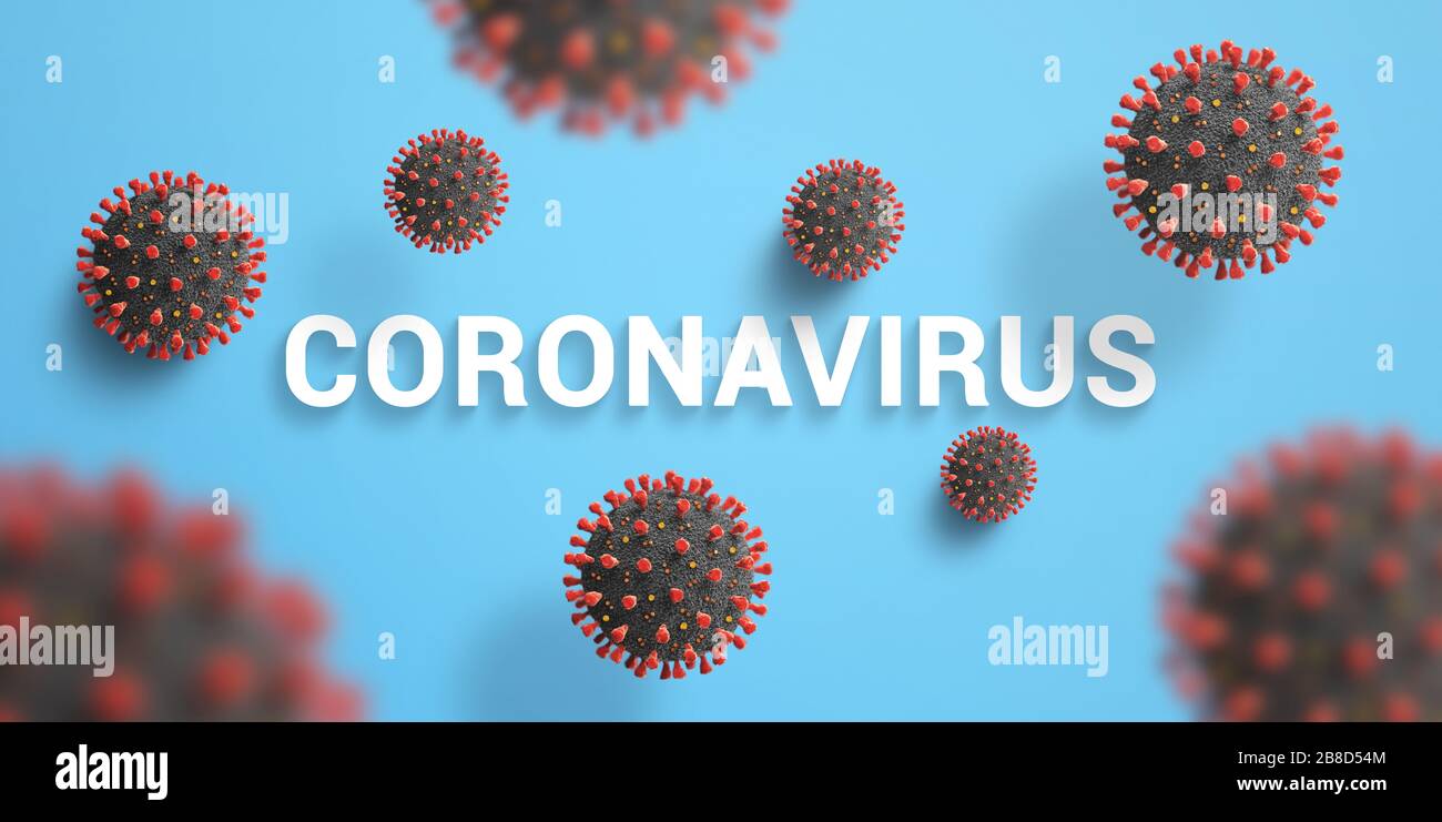 Coronavirus i virioni cadono sul testo sulla scrivania blu. Vista dall'alto, composizione a posa piatta Foto Stock