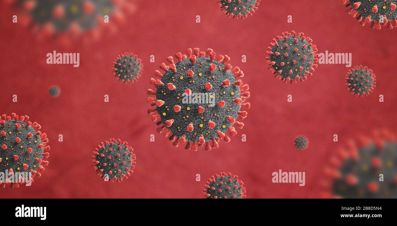 I virioni di coronavirus attaccano le cellule. Concetto di un'epidemia di virus pericoloso Foto Stock
