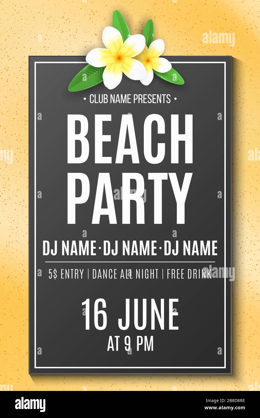 Festa estiva sulla spiaggia. Scheda di invito. Piume tropicale sulla spiaggia di sabbia. Nome del DJ e del club. Poster natalizio. Illustrazione vettoriale. EPS 10 Illustrazione Vettoriale