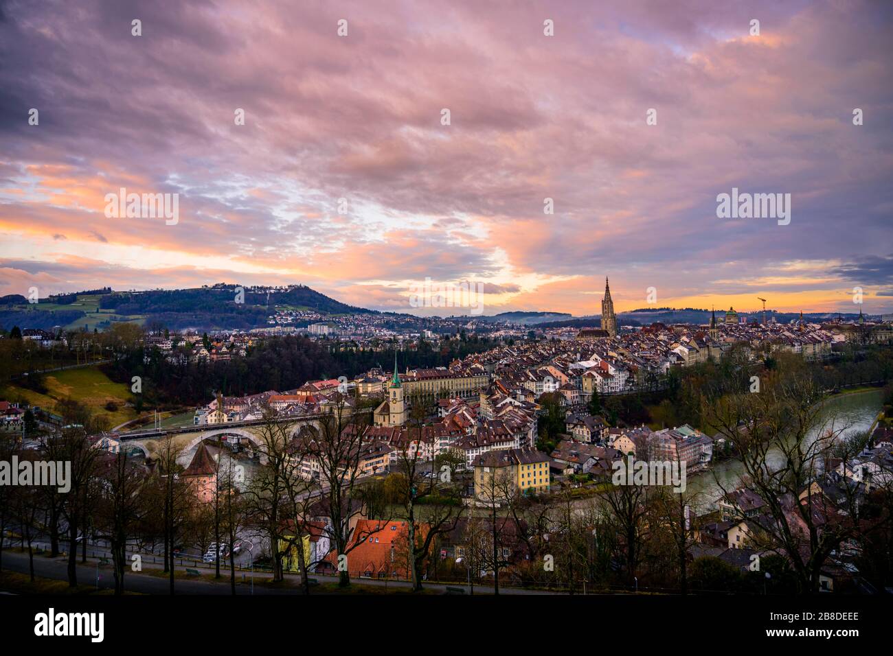 Vista della città all'alba, dal giardino delle rose alla città vecchia, alla cattedrale di Berna, alla chiesa di Nydegg, al ponte di Nydegg e all'Aare, al quartiere di Nydegg, Berna Foto Stock