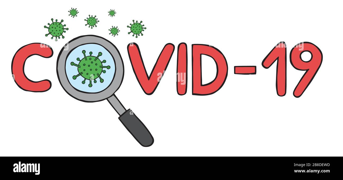 Illustrazione vettoriale disegnata a mano del virus della corona Wuhan, covid-19. Lente di ingrandimento e virus. Illustrazione Vettoriale