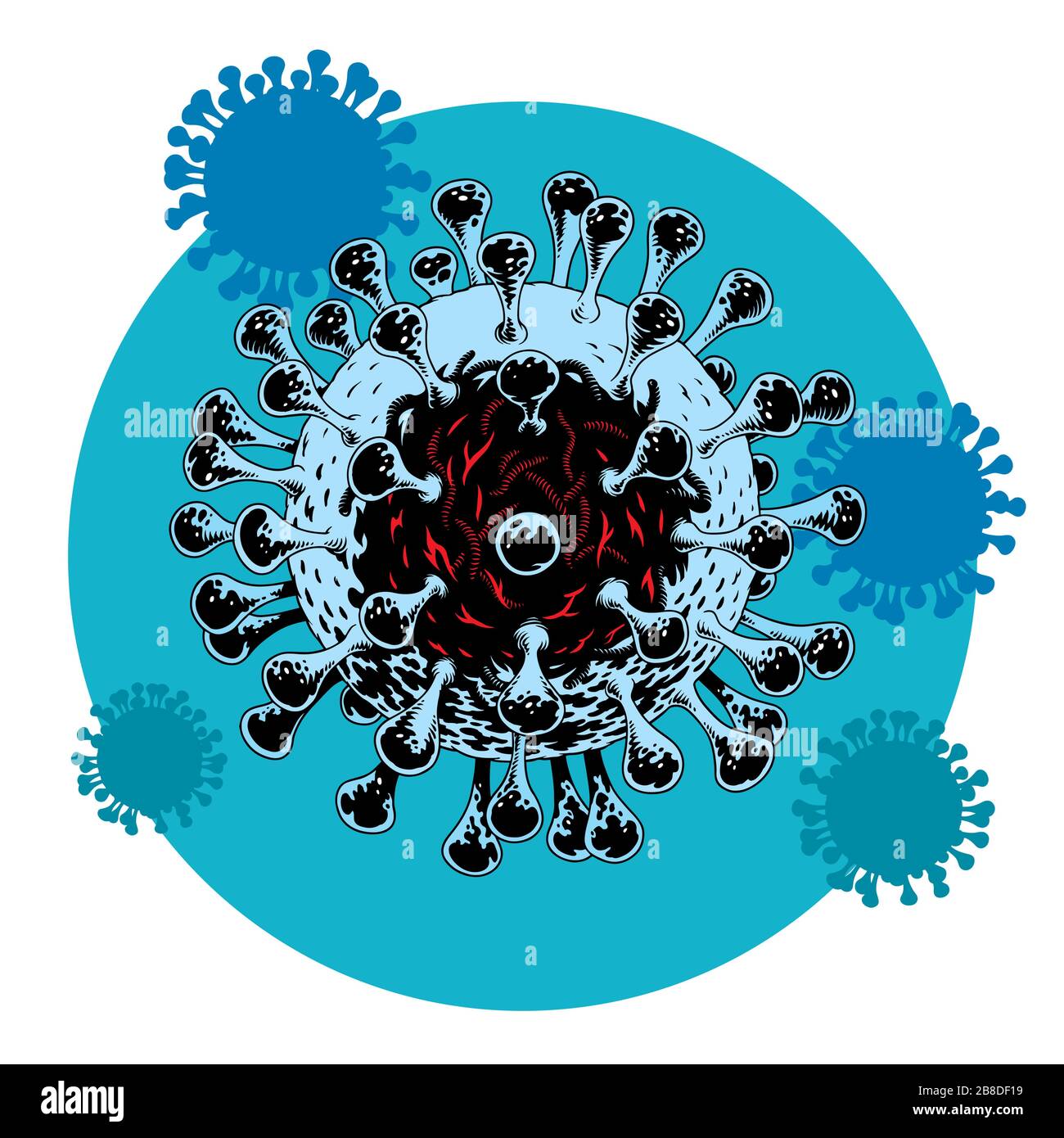 Coronavirus SARS-cov-2. Malattia di coronavirus COVID-19. Virus, batterio o germi stile fumetto illustrazione vettoriale. Illustrazione Vettoriale
