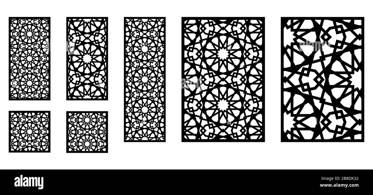 Set di pannelli decorativi vettoriali marocchini per taglio laser. Illustrazione Vettoriale