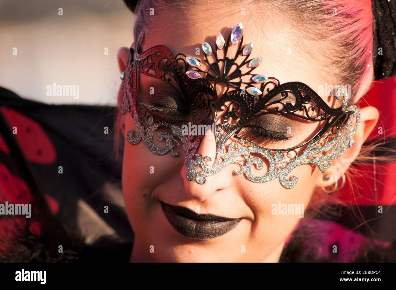 Colorate maschere di carnevale a una tradizionale festa a Venezia, Italia Foto Stock