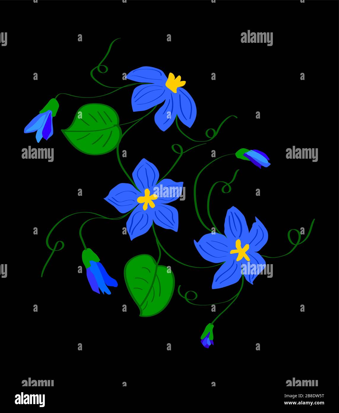 tre fiori blu con centri arancioni con steli di viti con ricci e boccioli semiventi su sfondo nero e nero Illustrazione Vettoriale
