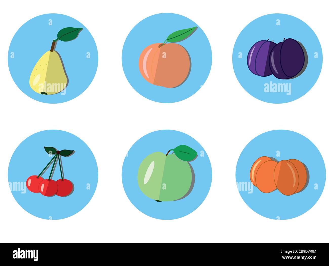 Set di icone rotonde con frutta: Pera gialla, mela verde, pesca rosa, prugne blu, albicocche arancioni, tre ciliegie rosse su sfondo blu Illustrazione Vettoriale