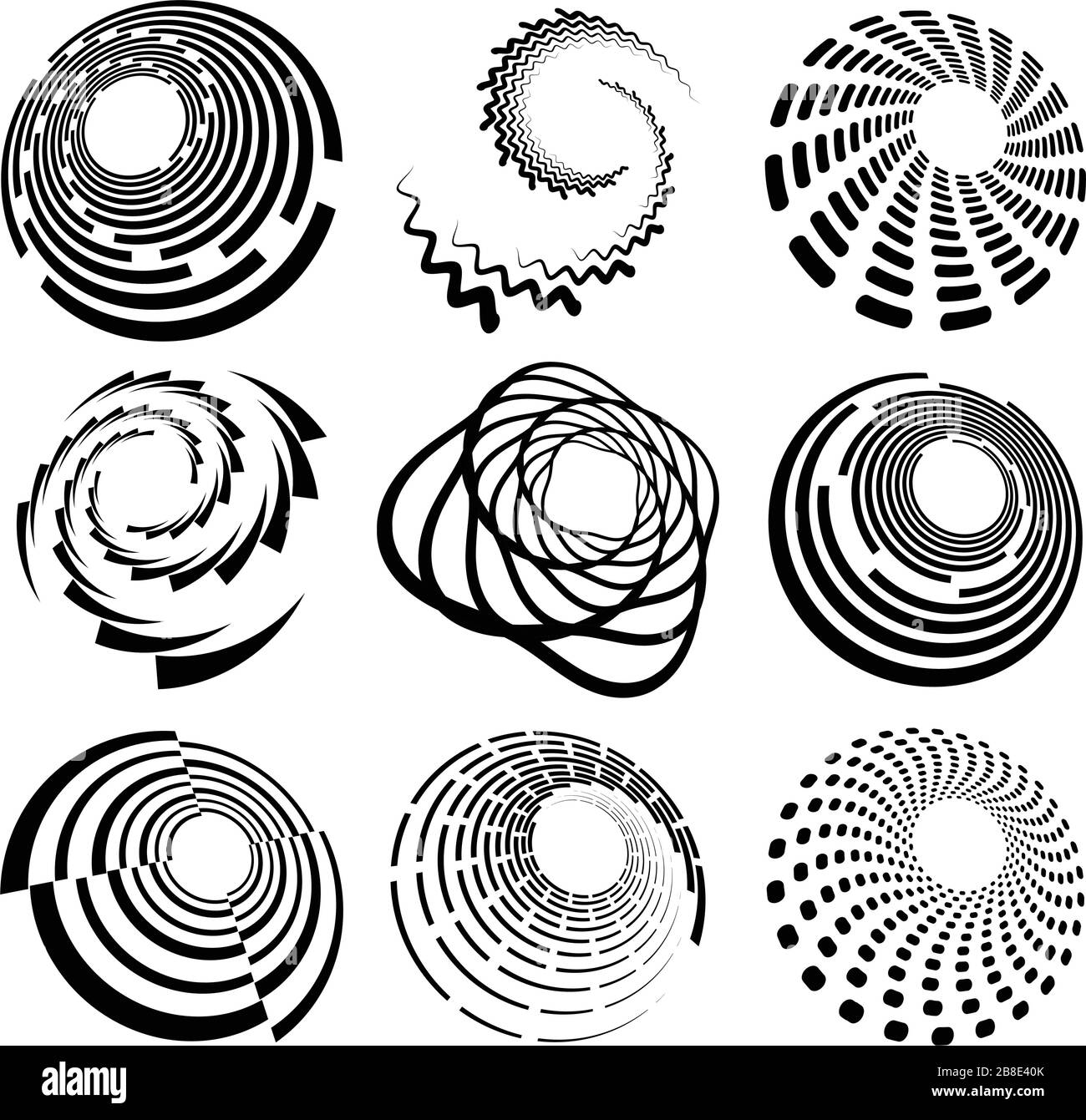 Set di vortice bianco e nero, forme a volute. Elementi elicoidali ritorti Illustrazione Vettoriale