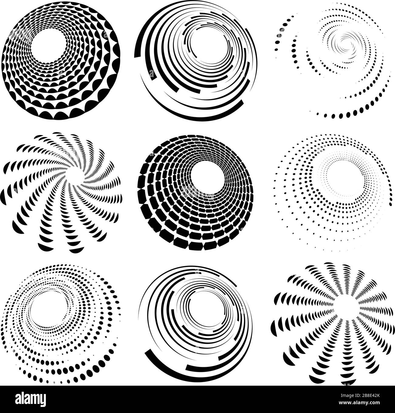 Set di vortice bianco e nero, forme a volute. Elementi elicoidali ritorti Illustrazione Vettoriale