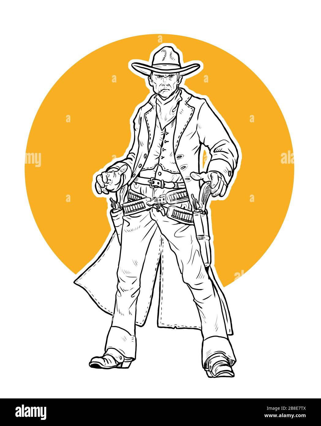 Disegno Gunfighter. Cowboy con revolver su duello illustrazione. Selvaggio West americano. Foto Stock